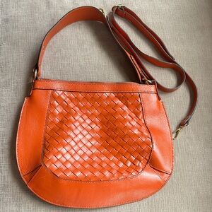 Leather Orange Woven Shoulder Bag with crossbody strap